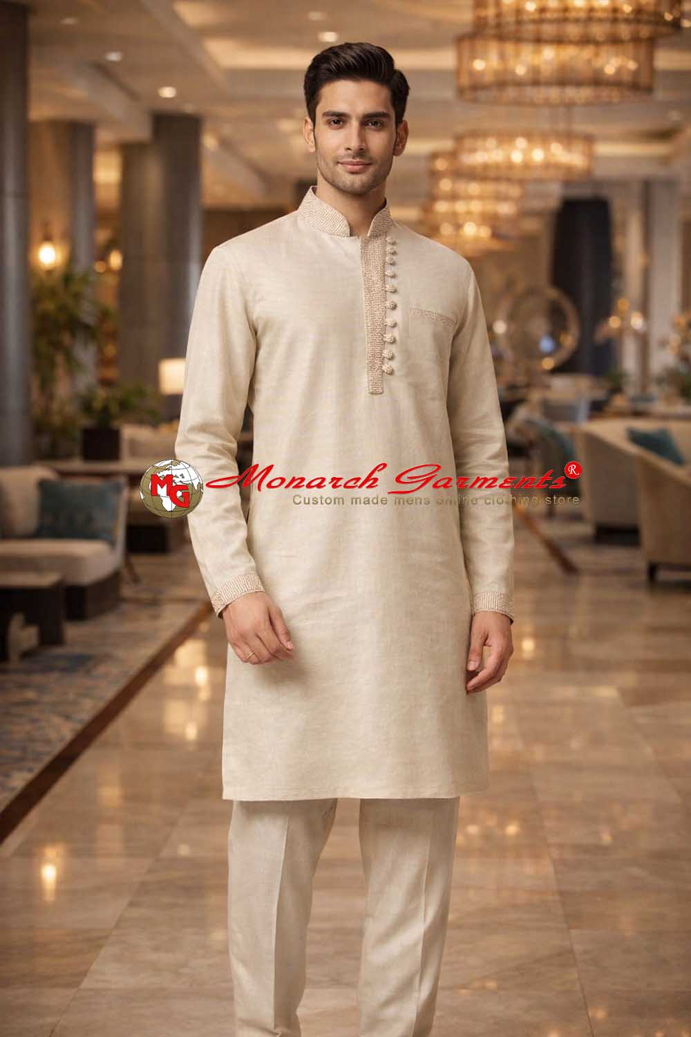 Beige linen kurta pajama for men with jute patch work relaxed fit ethnic wear India
