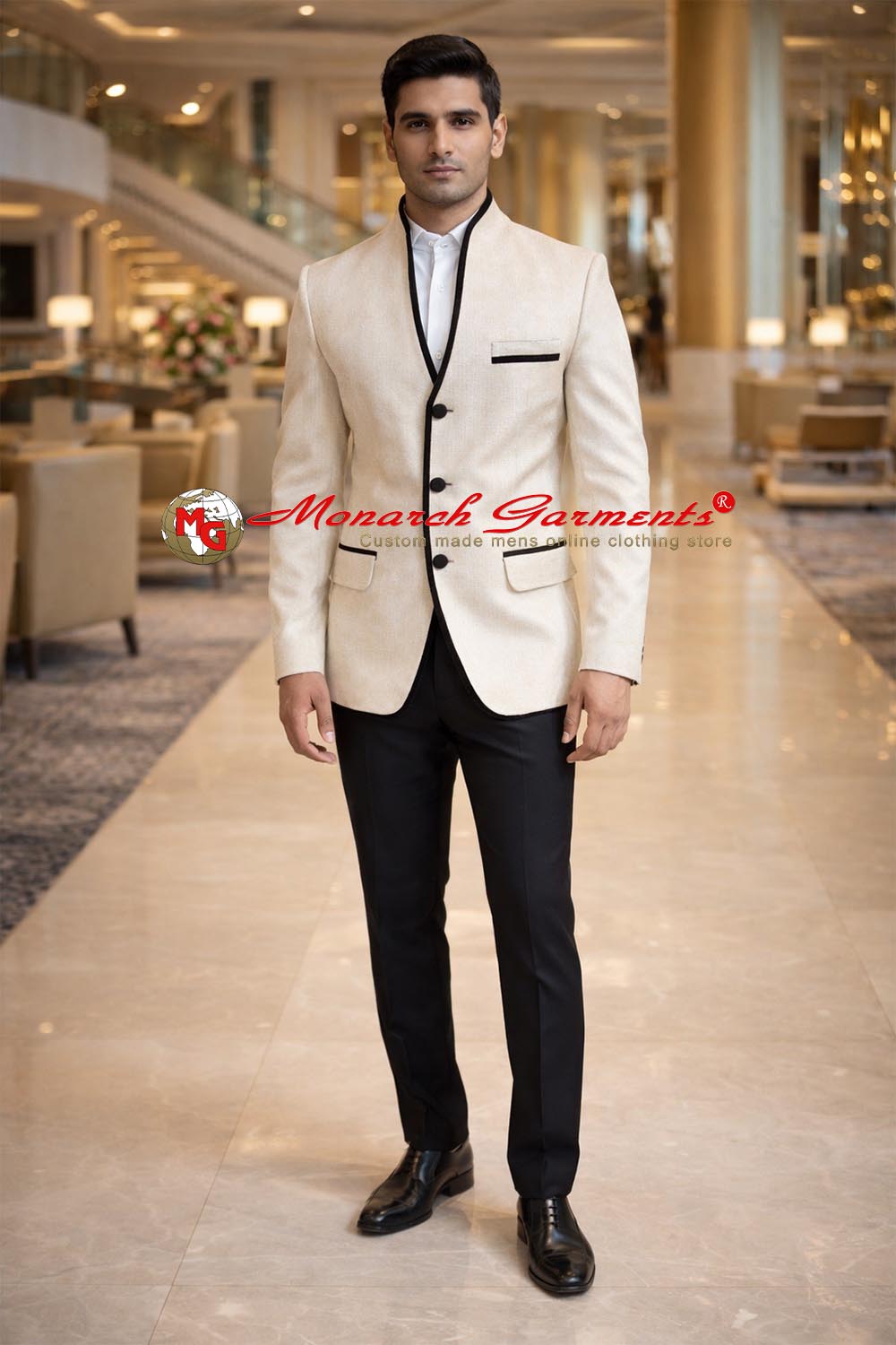 Beige linen Nehru jacket for men with high neck and slim fit summer style