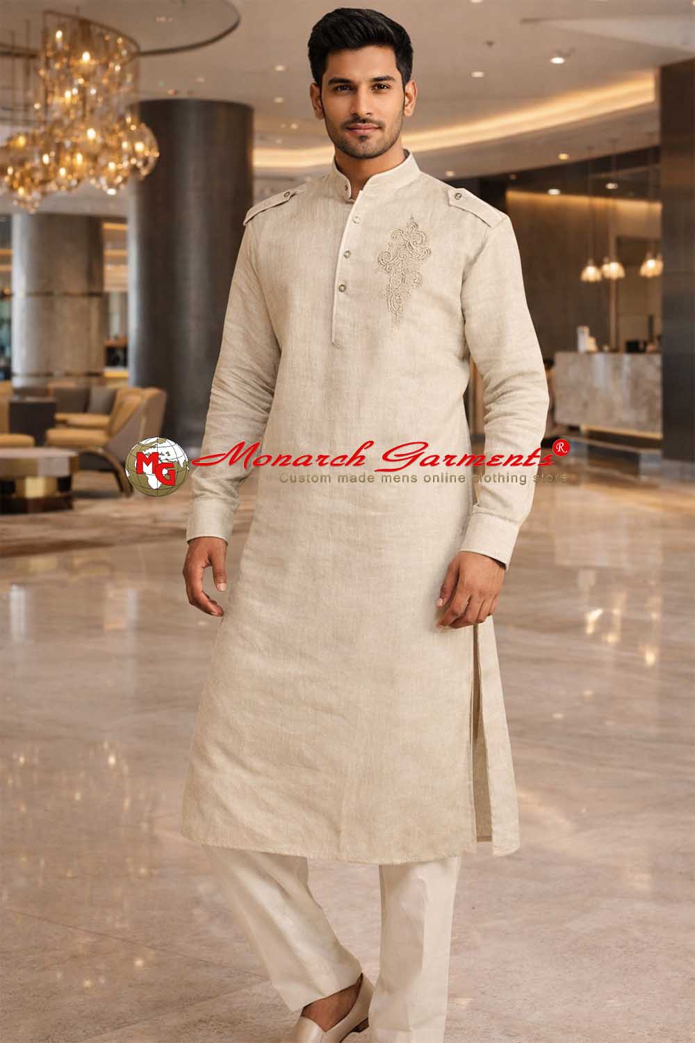Beige linen Pathani kurta pajama with chest embroidery and epaulettes for men wedding wear India