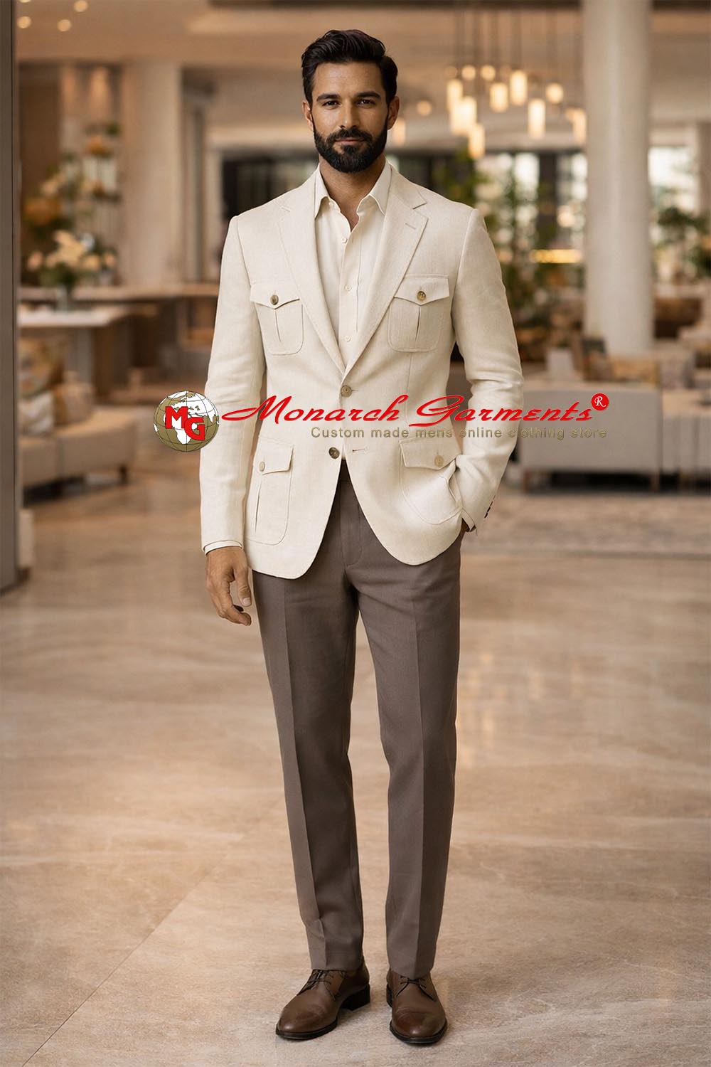Men wearing beige linen safari blazer with four pockets and formal trousers for smart casual and summer wear