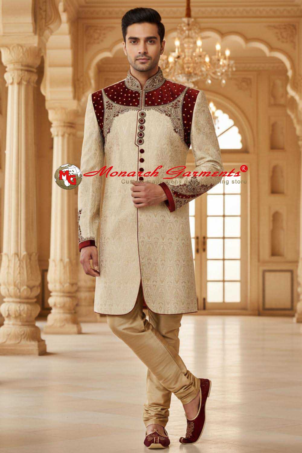 Beige and maroon designer wedding sherwani for men with embroidered bandhgala collar, royal groom sherwani by Monarch Garments