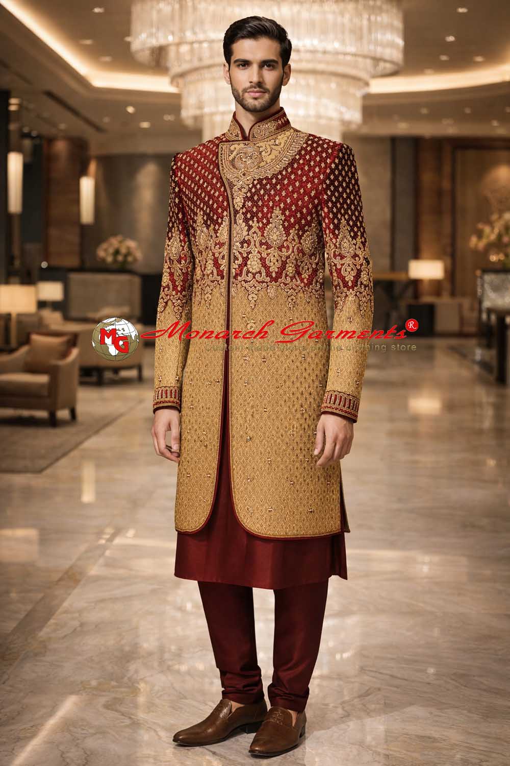Beige maroon embroidered Indo Western suit for men in brocade fabric wedding outfit India