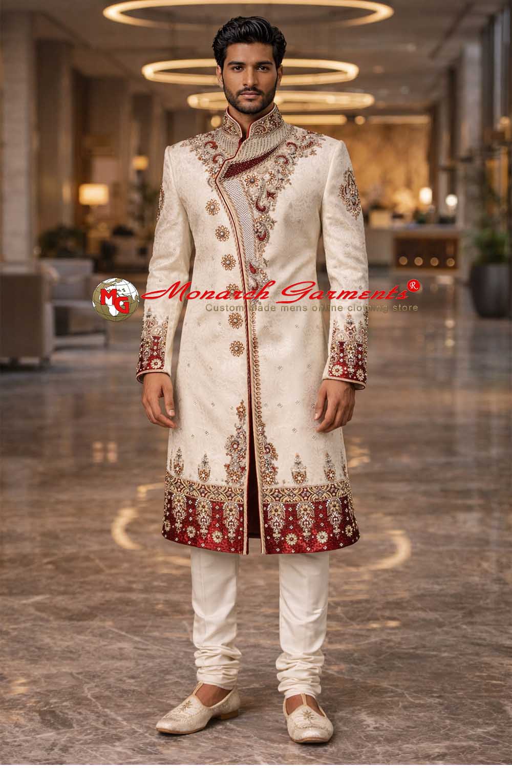 Beige and maroon embroidered wedding sherwani for men with asymmetric bandhgala collar, royal groom sherwani by Monarch Garments