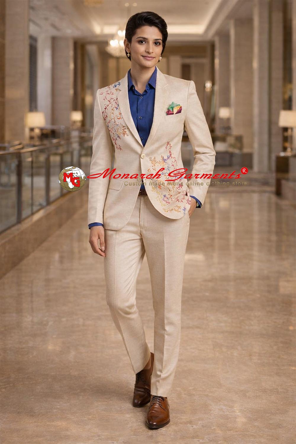Beige multicolor embroidered 2 piece suit for women slim fit designer formal suit for wedding and festive events in India