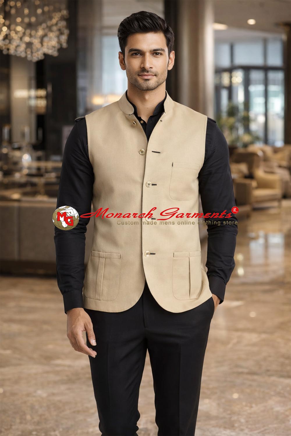 Beige Nehru vest for men polyester viscose safari style wedding wear India