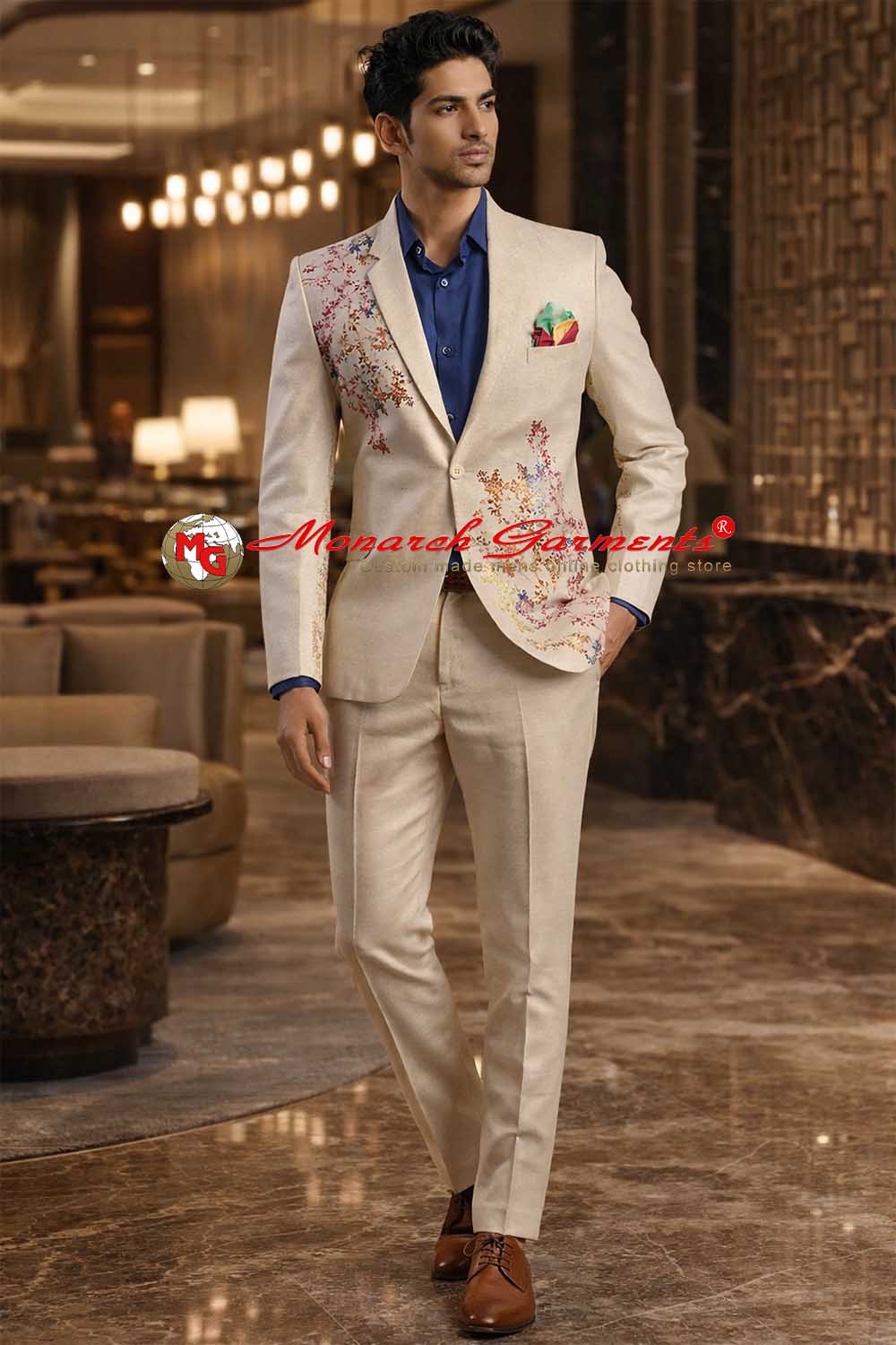Beige printed slim fit tuxedo suit for men with designer pattern