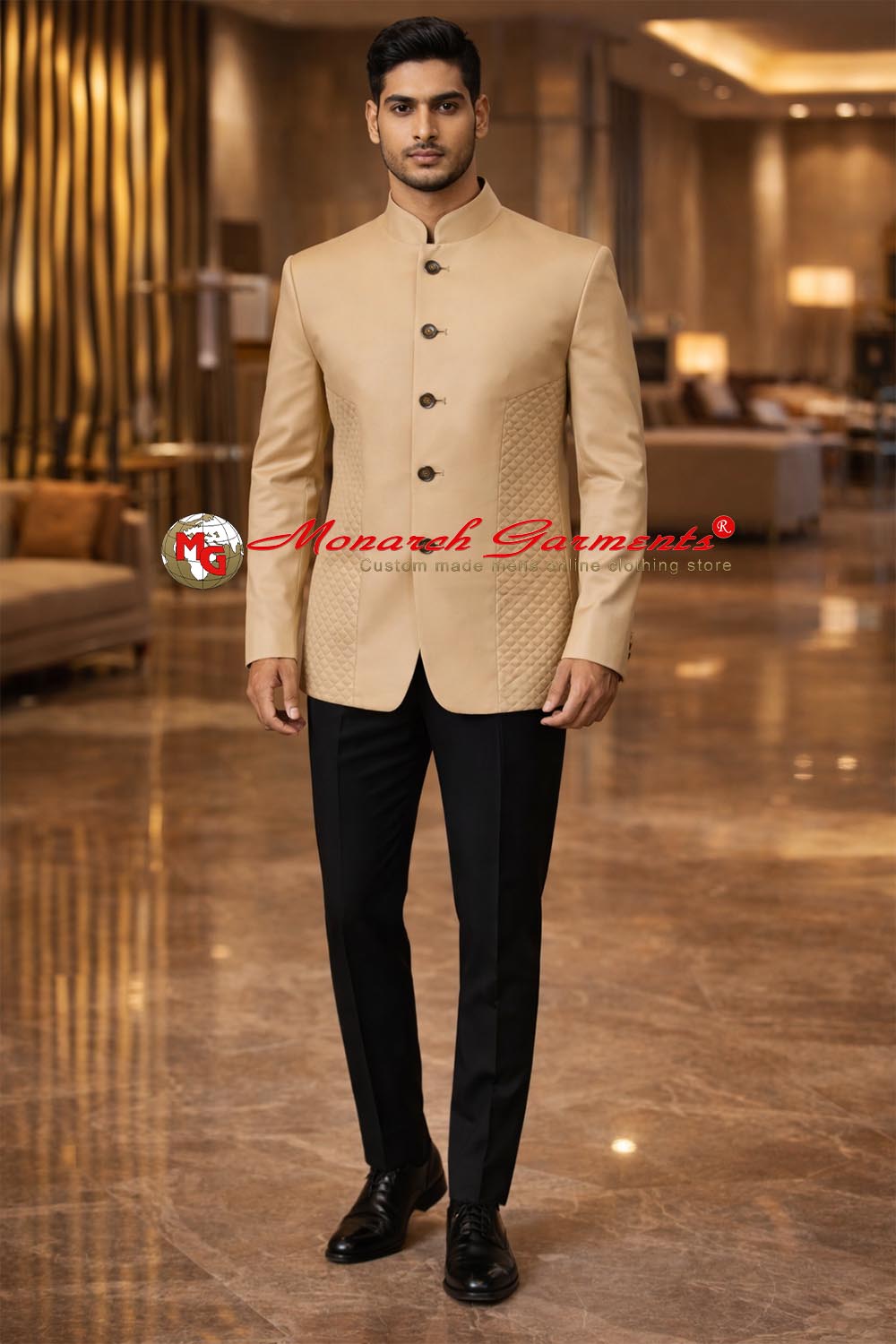 Men’s beige quilted Bandhgala wedding jacket luxury Indo-Western groom outfit by Monarch Garments