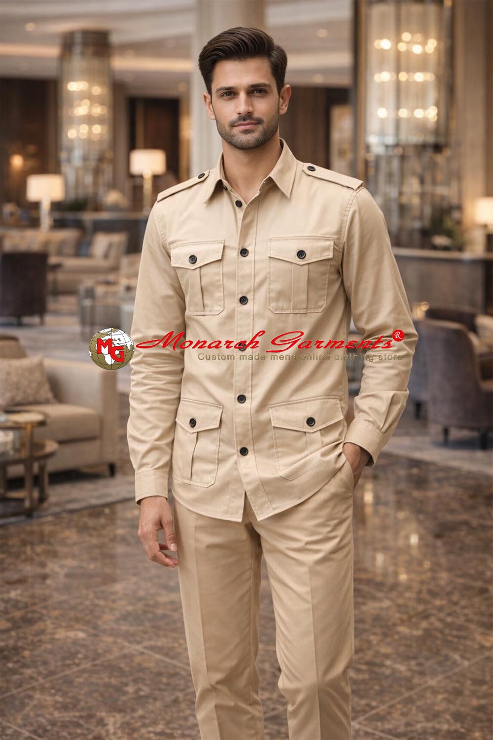 Beige safari shirt for men slim fit with flap pockets and epaulets