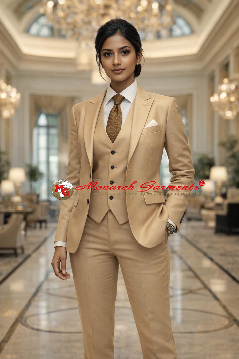 Beige tan 3 piece slim fit formal suit for women with blazer waistcoat and tailored trousers