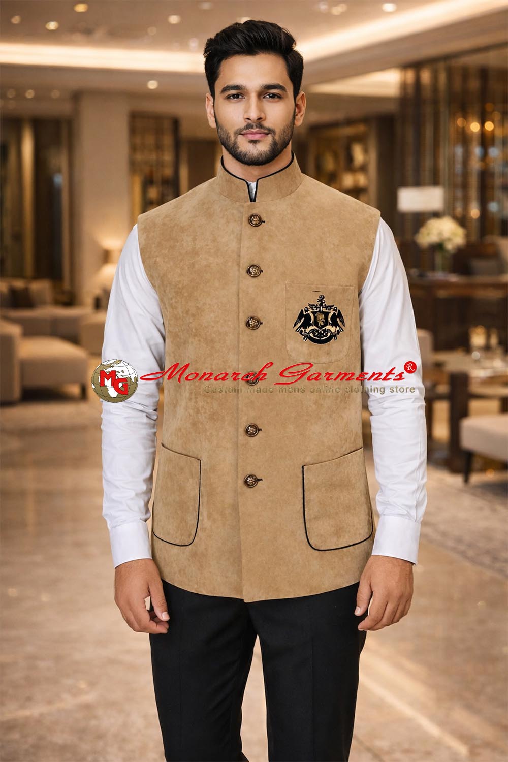 Beige velvet Nehru vest for men with embroidered logo tailored fit wedding wear India