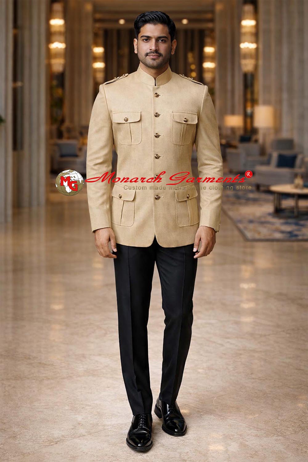 Beige velvet safari style Jodhpuri bandhgala suit for men with four pockets and shoulder epaulettes, luxury wedding outfit by Monarch Garments