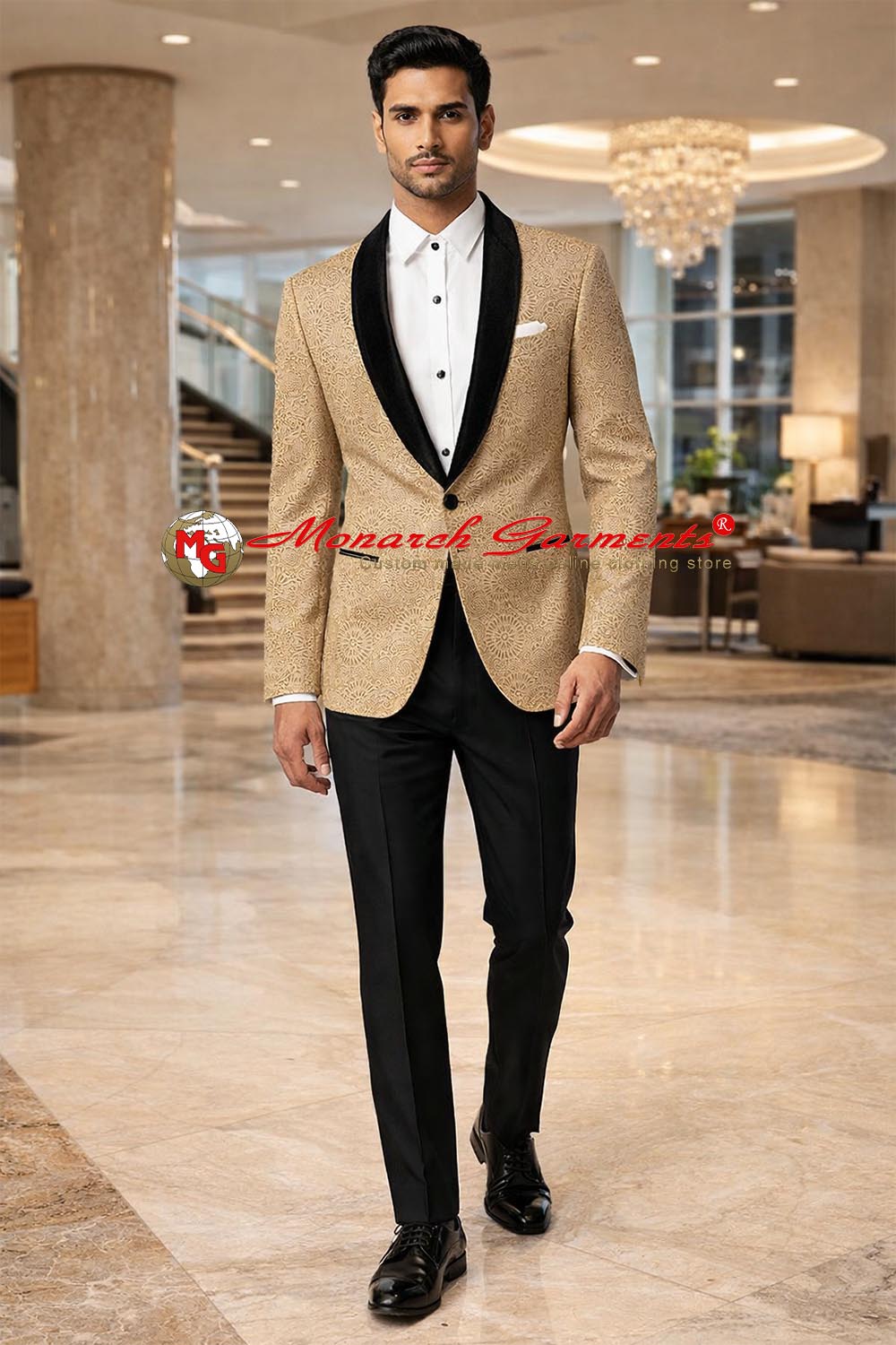 Men’s beige velvet slim fit blazer with black satin shawl lapel for wedding reception and luxury evening wear