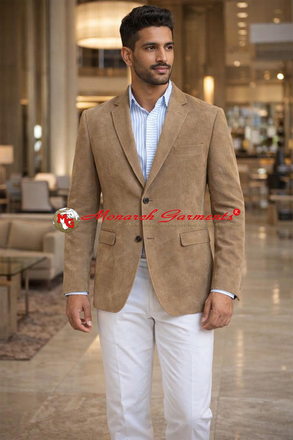 Men’s beige velvet classic fit two button blazer formal jacket by Monarch Garments
