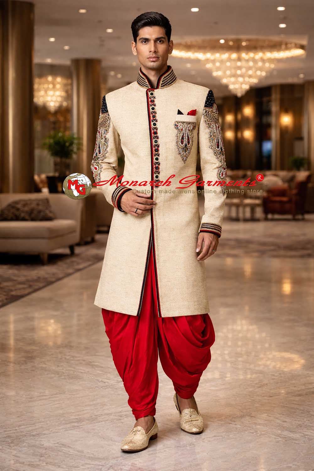 Men’s beige velvet embroidered wedding sherwani with red dupion salwar royal Indian groom outfit