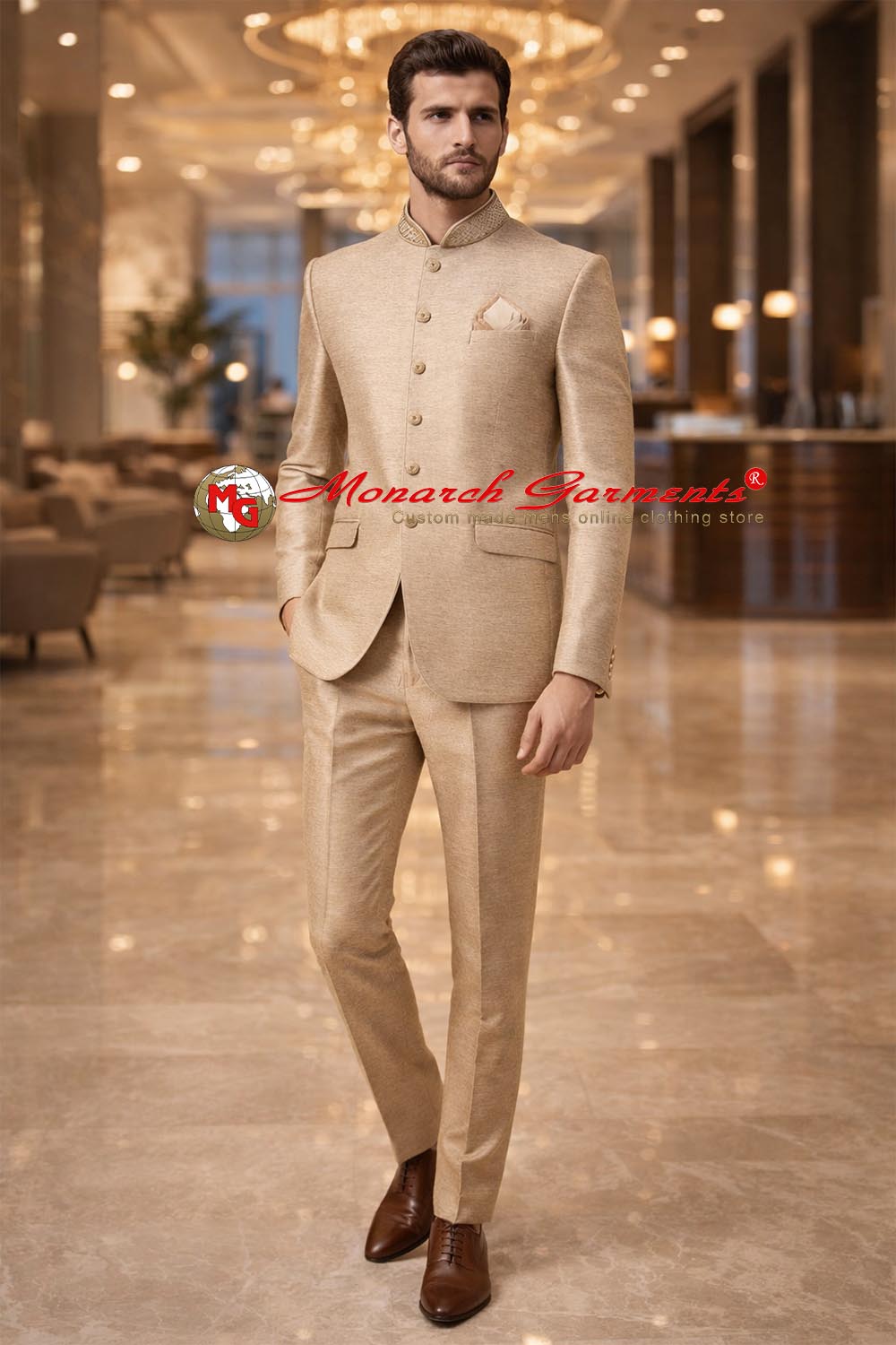 Beige wedding Jodhpuri suit for men 3 piece bandhgala with pocket square by Monarch Garments India
