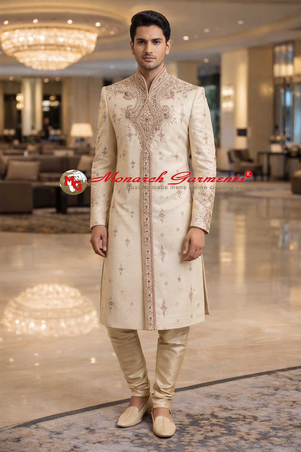 Bisque brocade angarakha Indo Western suit for men with embroidery and churidar