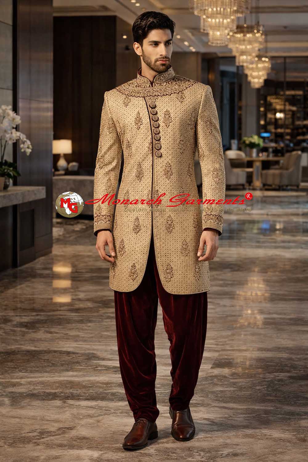 Bisque brocade Indo Western suit with maroon velvet salwar for men wedding wear