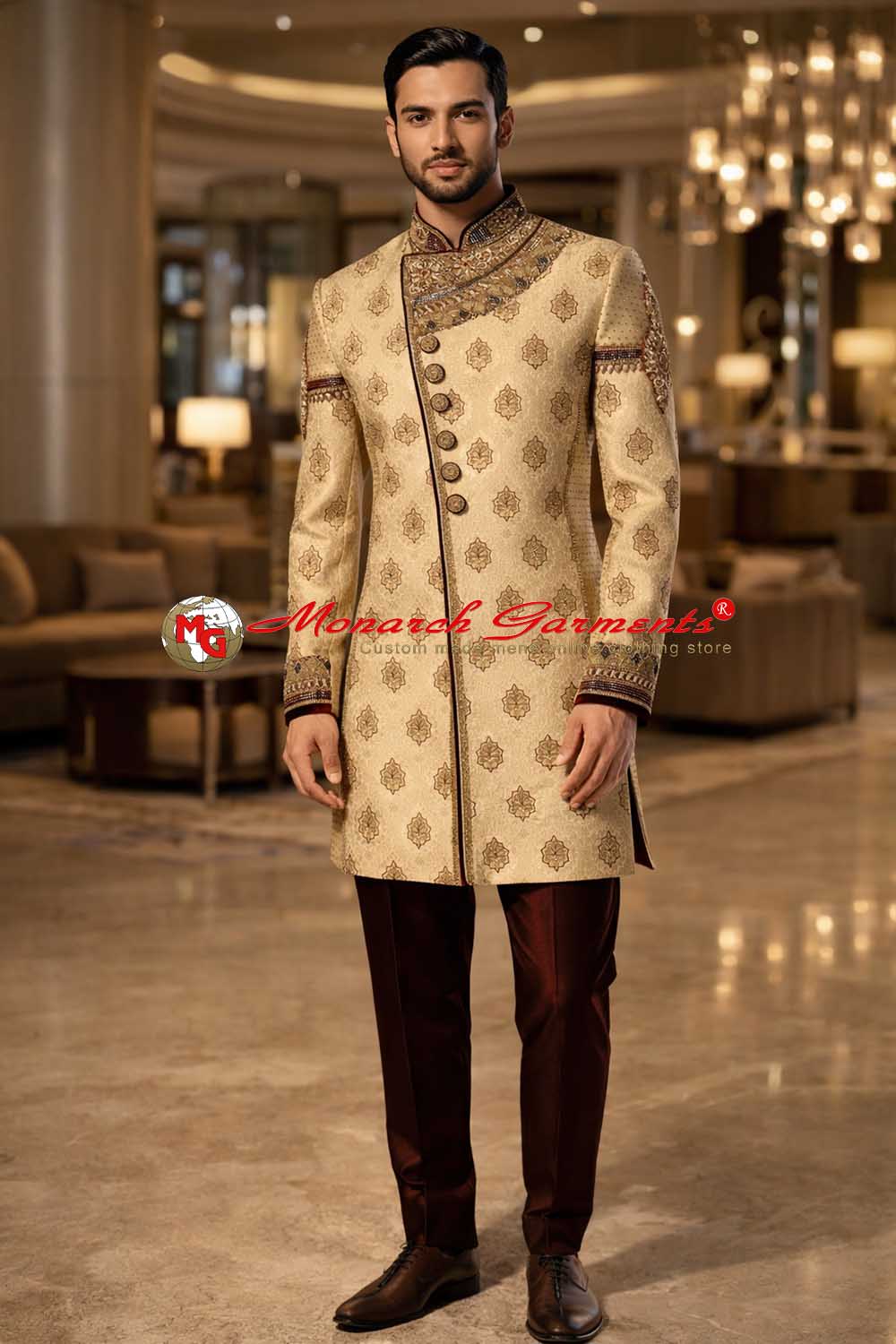 Bisque brocade Indo Western suit with velvet piping and maroon trouser for men wedding wear