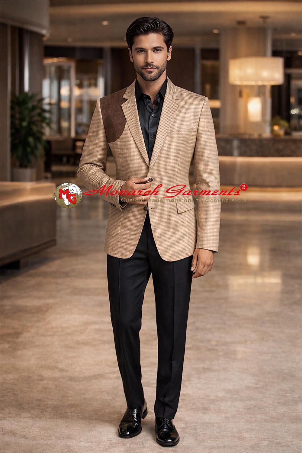 Men wearing bisque check designer blazer with contrast panel for smart casual and formal wear India