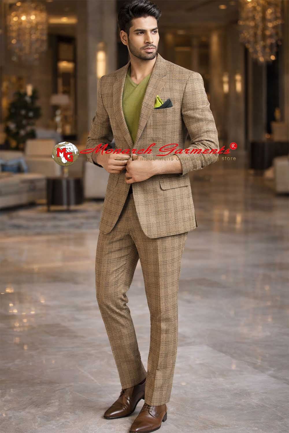 Bisque checkered slim fit tuxedo suit for men formal beige suit