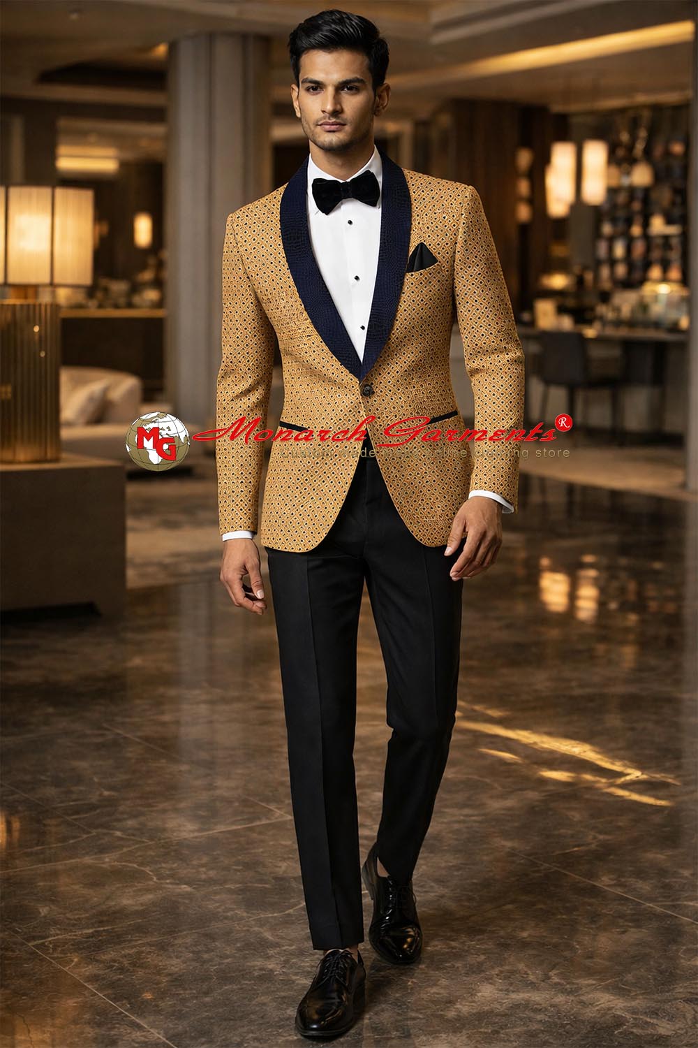 Men’s bisque cutwork velvet slim fit blazer with black shawl lapel for wedding reception and luxury evening wear