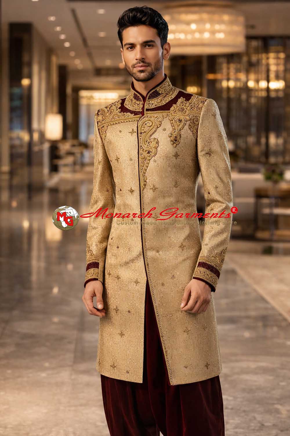 Bisque embroidered Indo western sherwani for men with maroon velvet salwar wedding wear India