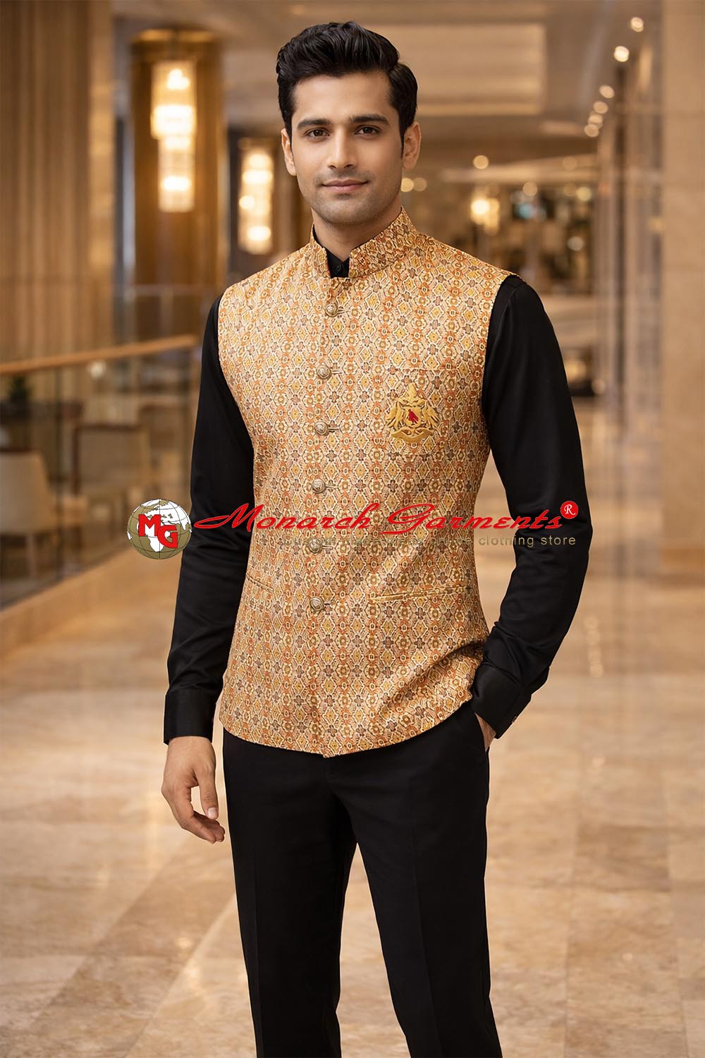 Bisque jute silk Nehru vest for men with designer pattern tailored fit wedding wear India
