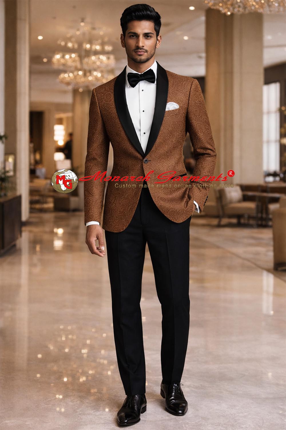 Men’s bisque velvet slim fit blazer with black satin shawl lapel for wedding reception and luxury evening wear