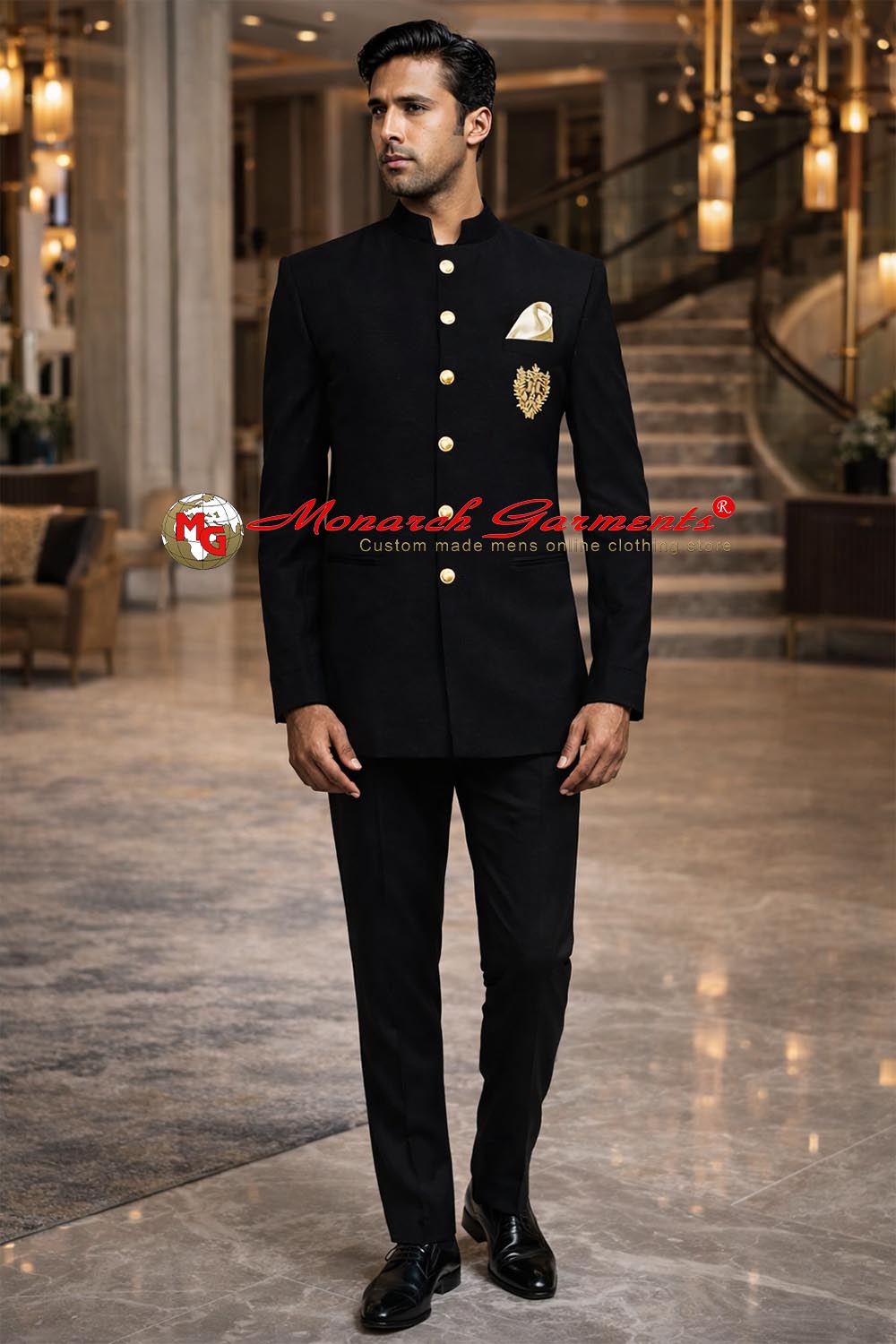 Black 6 button Bandhgala Jodhpuri suit with pocket square for men by Monarch Garments