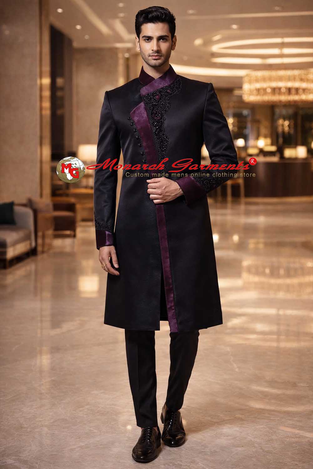 Black angrakha Indo western suit for men with purple velvet embroidery wedding wear