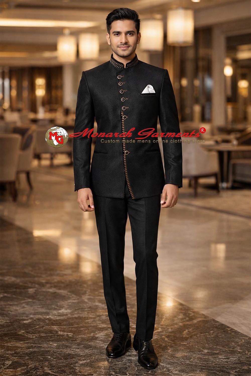 Black angrakha style designer Jodhpuri suit for men with trim detailing bandhgala by Monarch Garments India