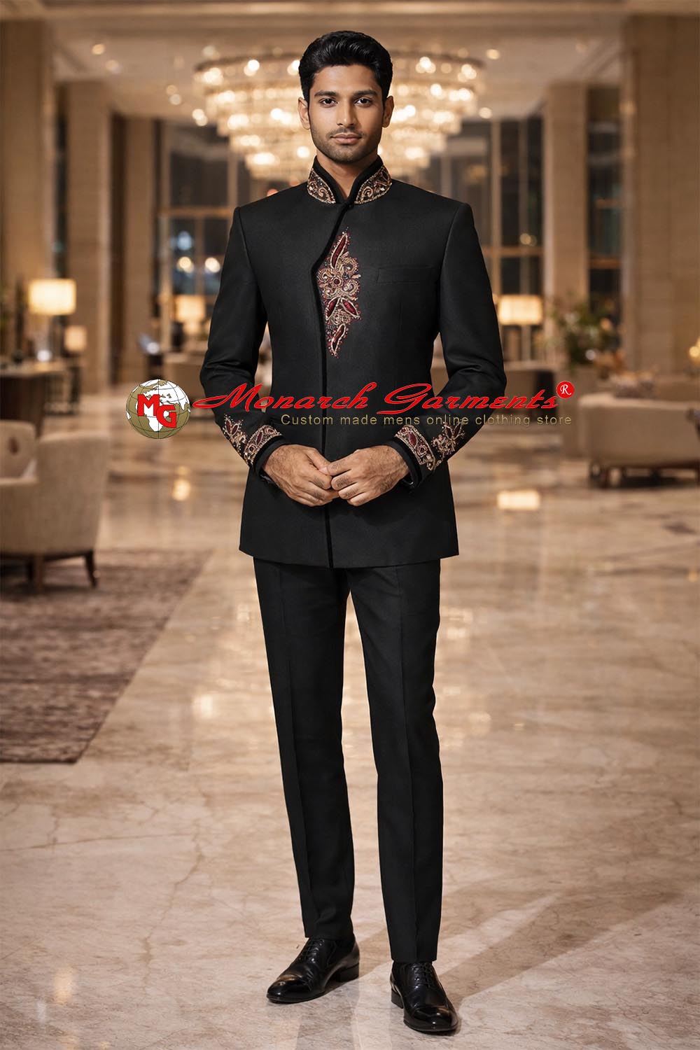 Black angrakha style embroidered Jodhpuri suit for men in linen with velvet trim by Monarch Garments India