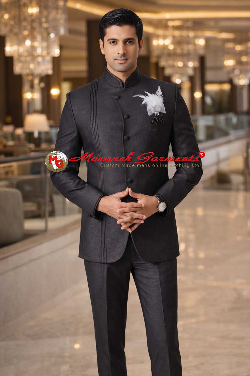 Black angrakha style tuxedo suit for men slim fit indo western wedding outfit