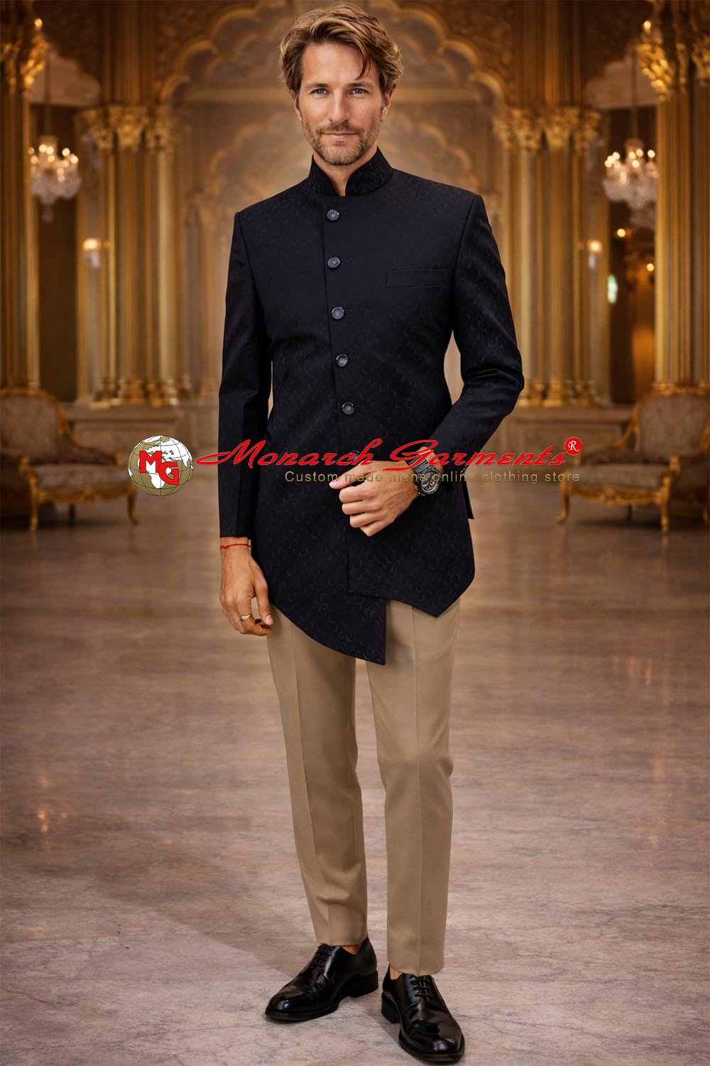 Midnight black asymmetric bandhgala jacket for men by Monarch Garments – luxury Indian wedding formal jacket