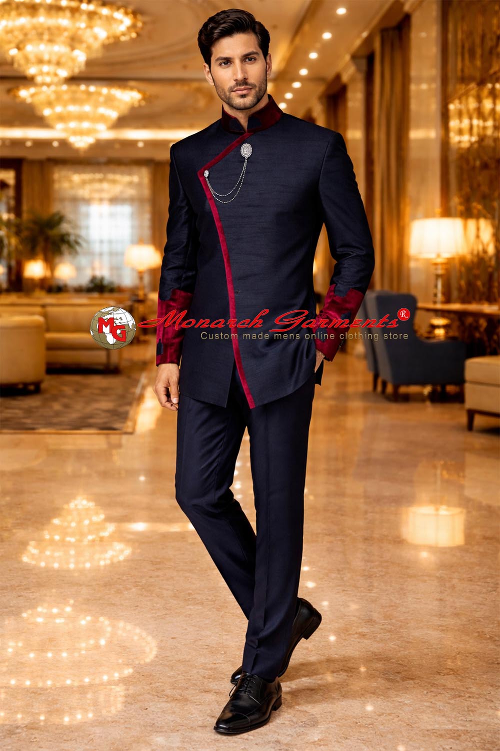 Black asymmetric bandhgala suit for men with maroon accents by Monarch Garments – luxury Indian wedding groom outfit