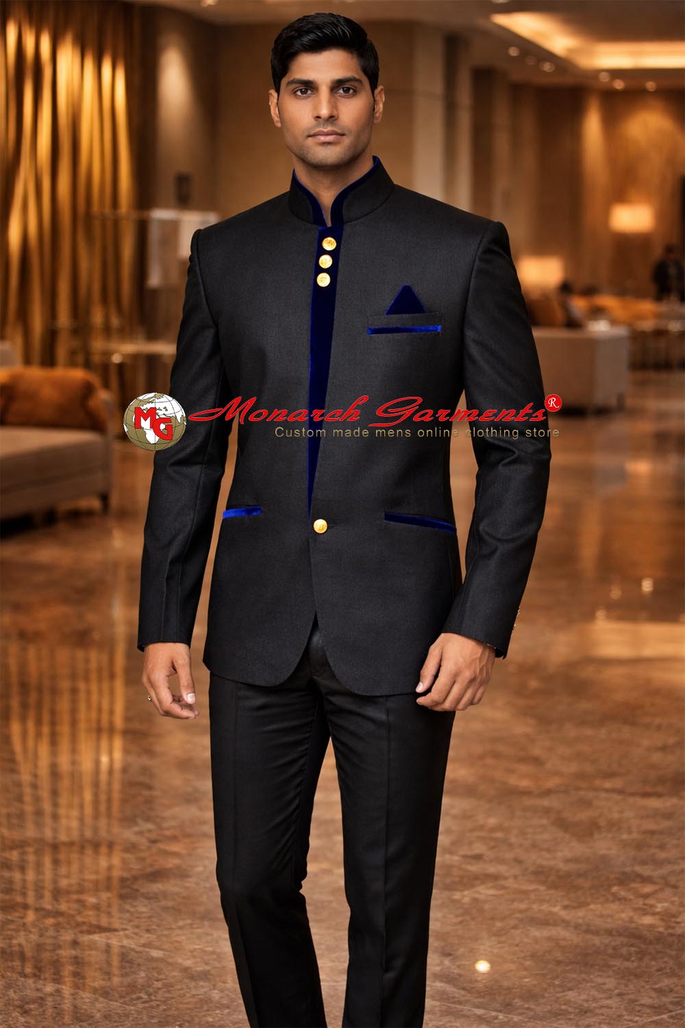 Men’s black Bandhgala jacket with royal blue velvet trim luxury formal wear by Monarch Garments