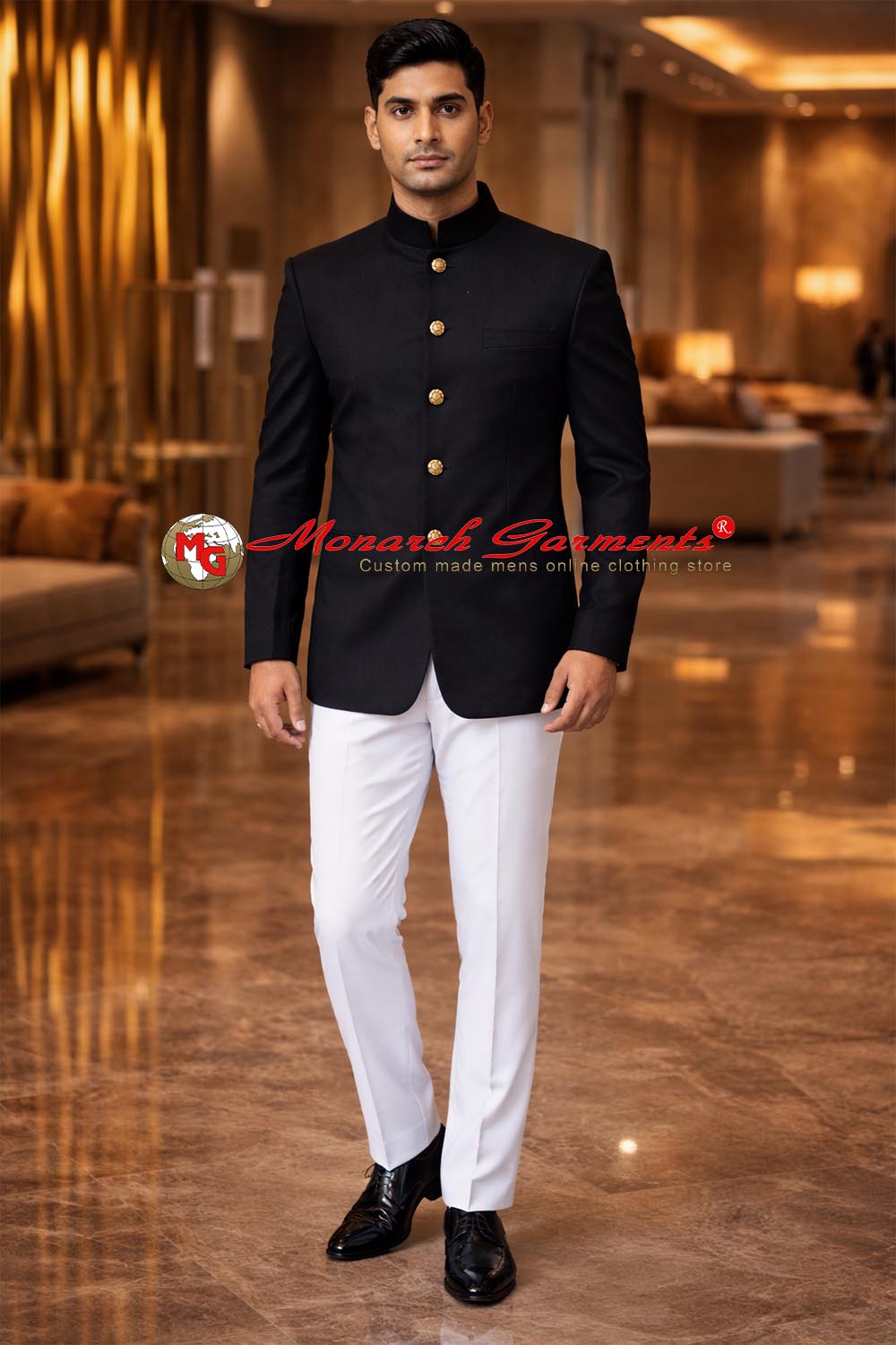 Men’s black Bandhgala jacket with gold buttons luxury Indo-Western formal outfit by Monarch Garments