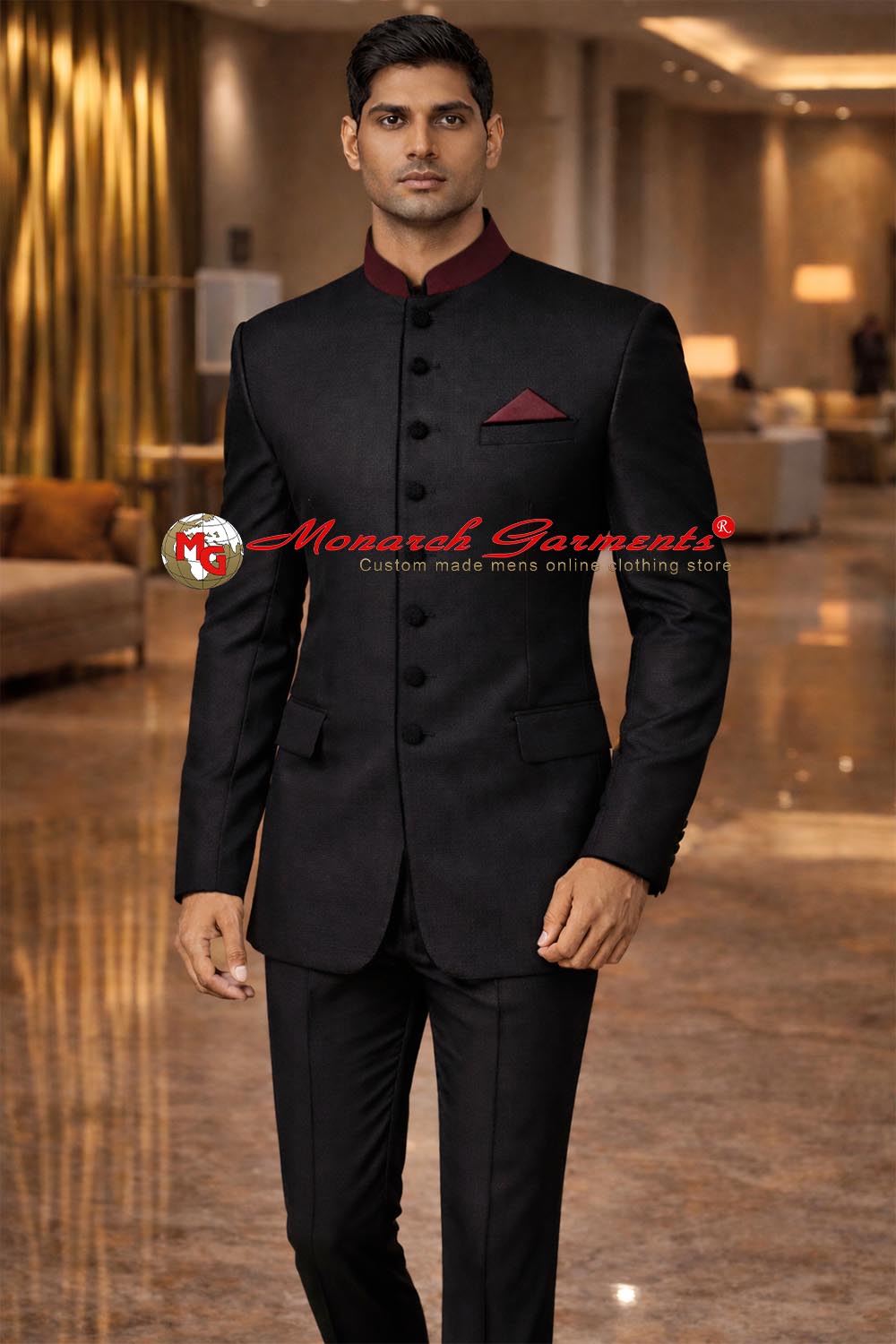 Men’s black Bandhgala jacket with maroon contrast collar luxury formal wear by Monarch Garments