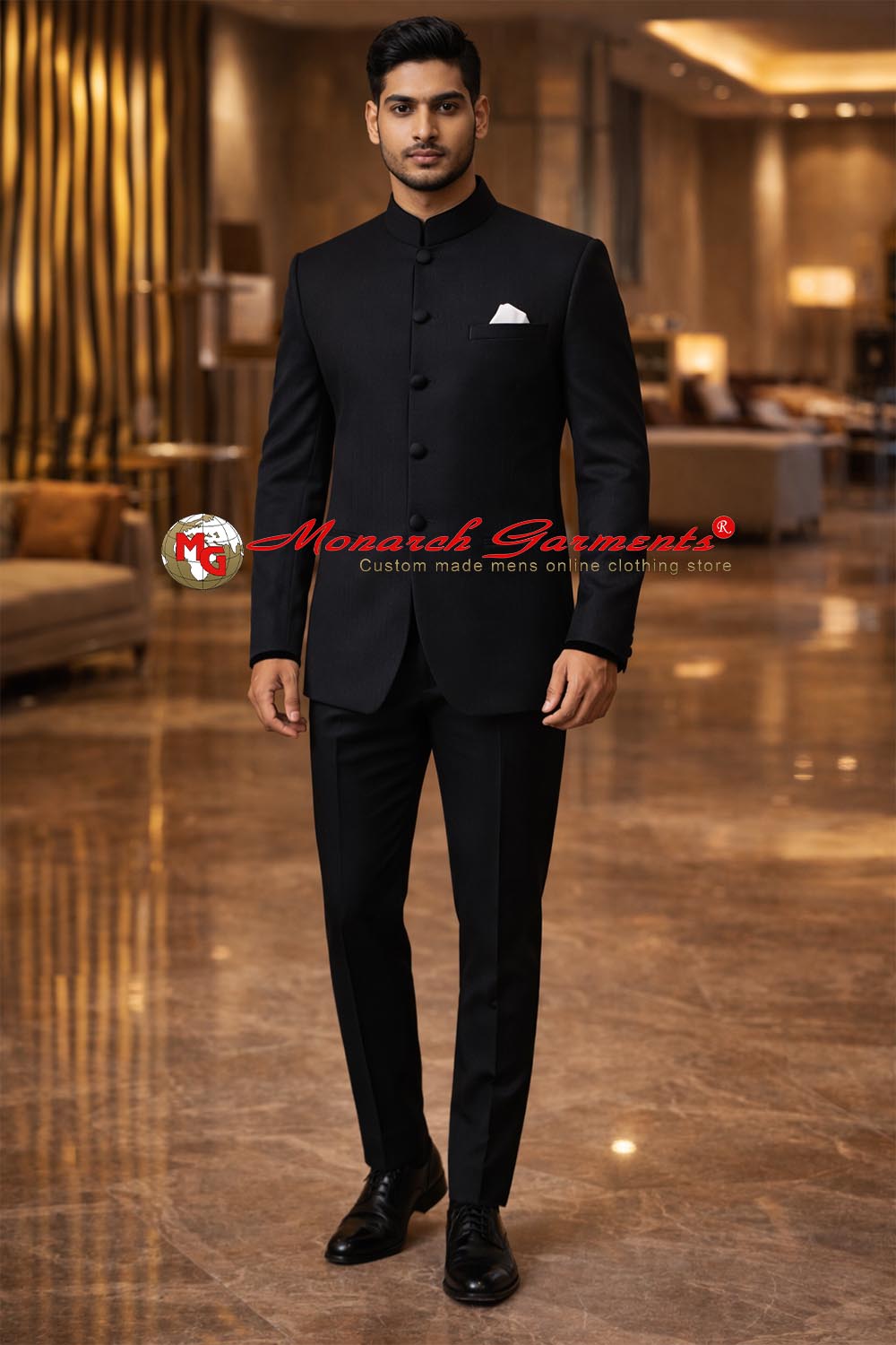 Men’s classic black Bandhgala jacket luxury Indo-Western formal outfit by Monarch Garments