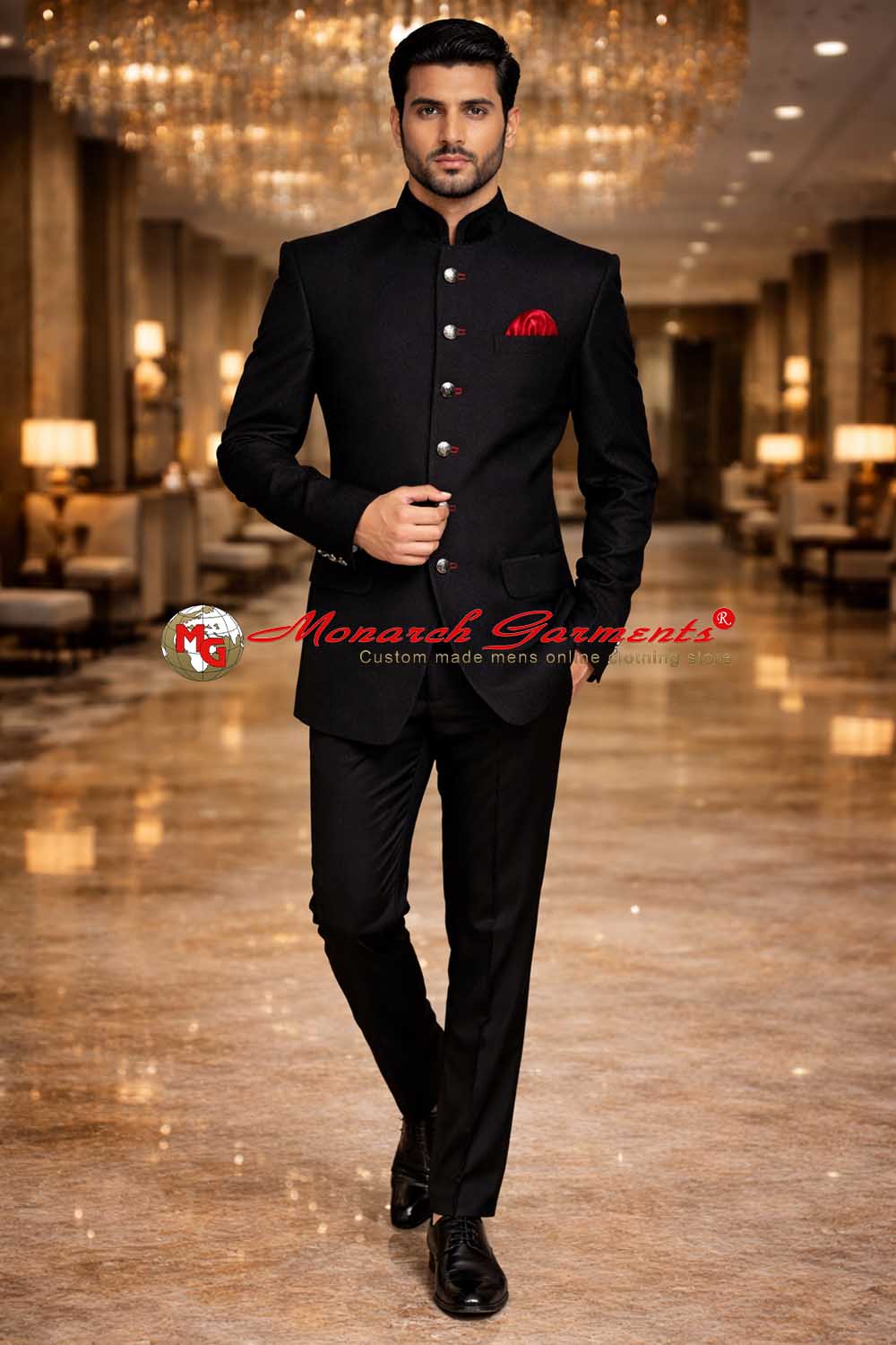Luxury black bandhgala Jodhpuri suit for men with silver buttons and red pocket square by Monarch Garments, premium Indian wedding outfit