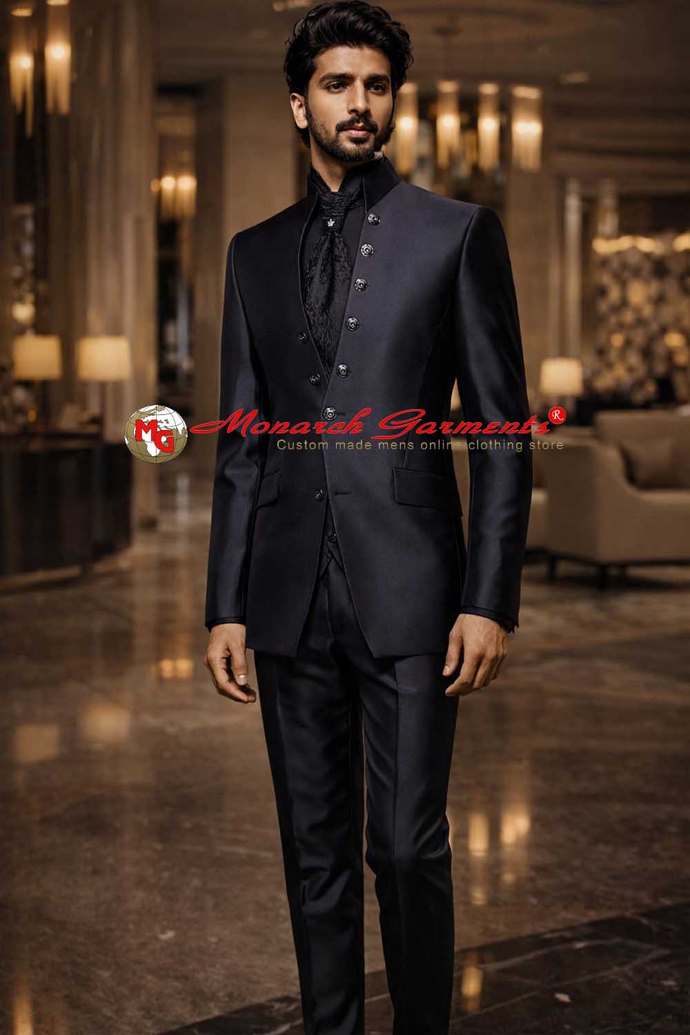 Black Bandhgala Jodhpuri suit for men slim fit wedding outfit India