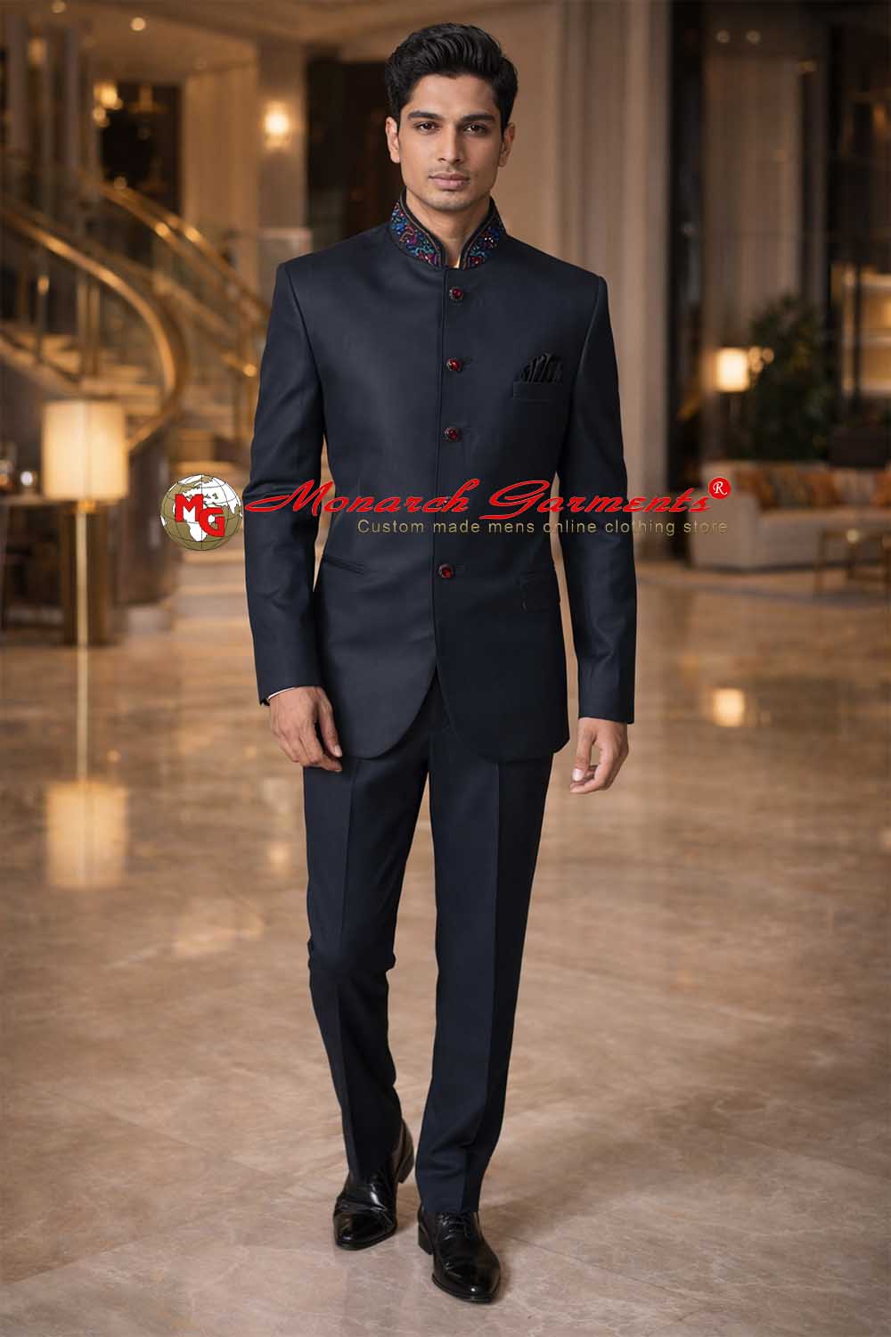 Men’s black bandhgala jodhpuri suit with embroidered nehru collar slim fit