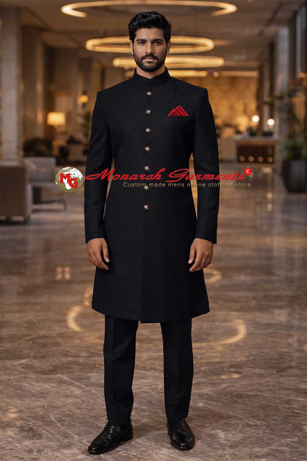 Black bandhgala suit for men with metallic buttons and red pocket square, formal Indian wedding and reception outfit by Monarch Garments