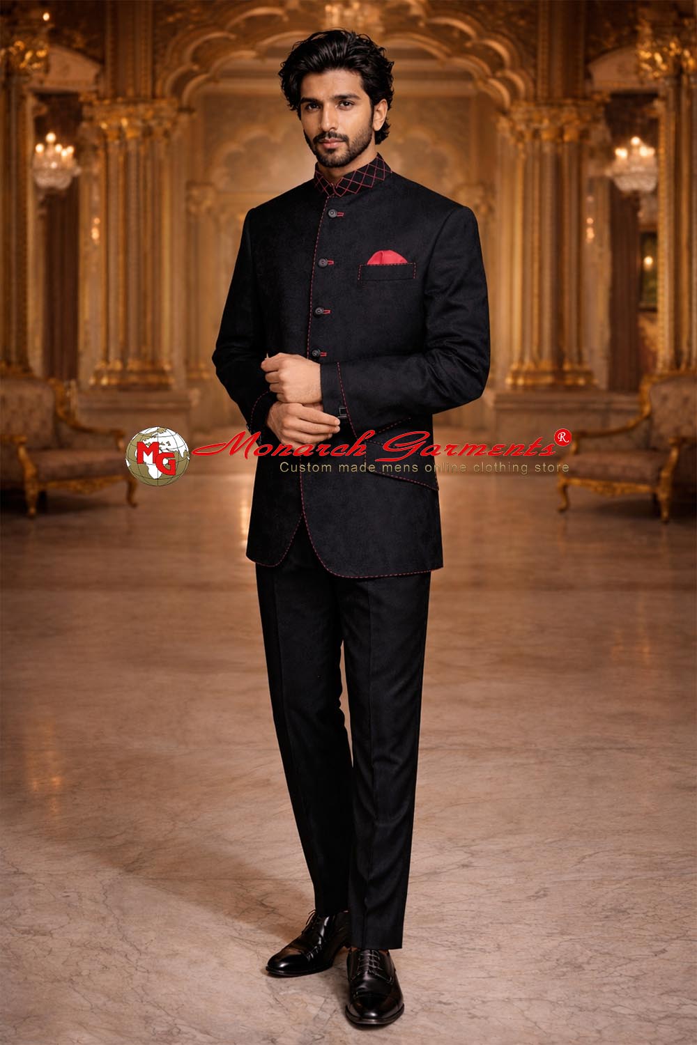 Black bandhgala suit for men with red accents by Monarch Garments – luxury Indian wedding and reception outfit