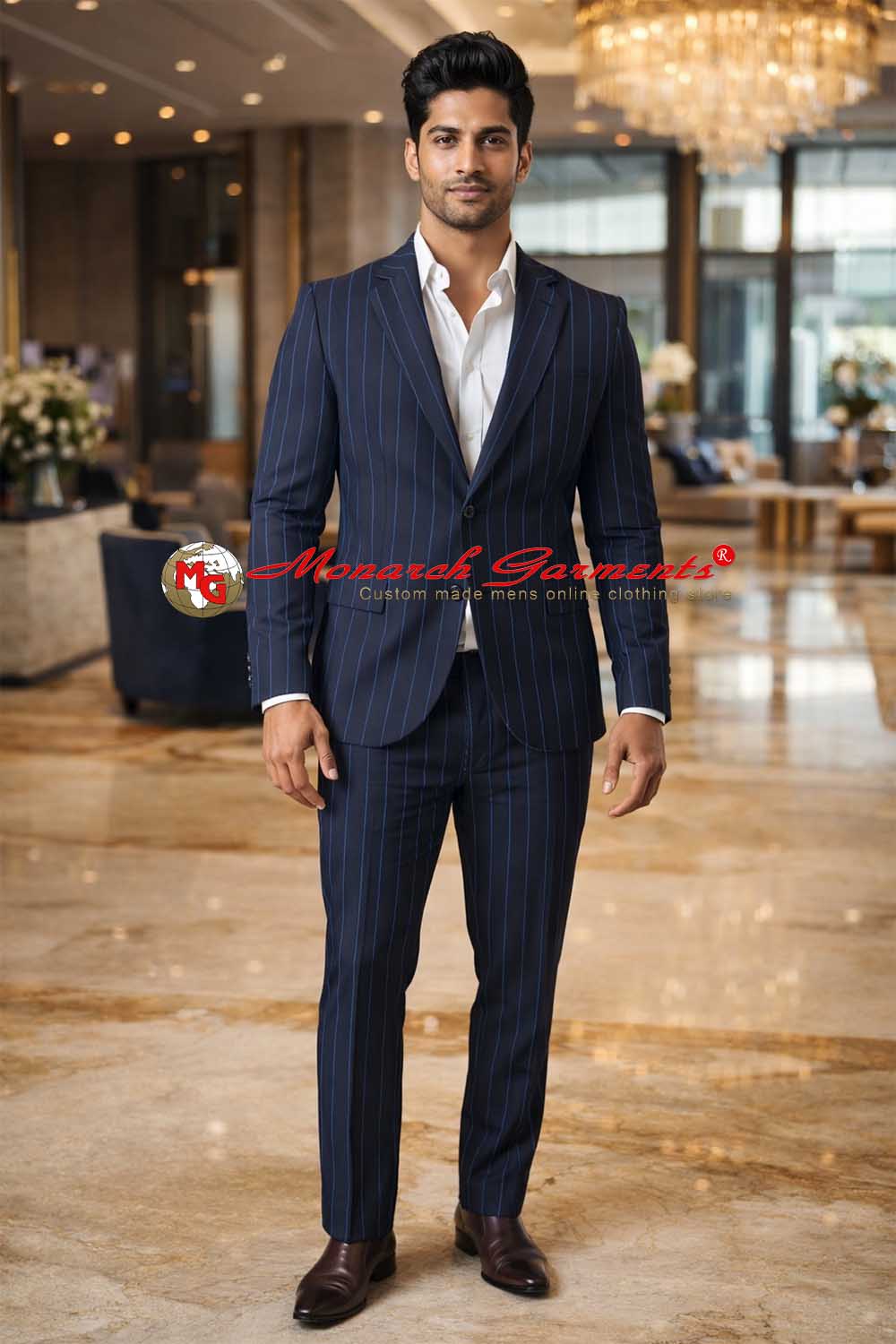 Black base blue pinstripe suit for men slim fit formal wear India