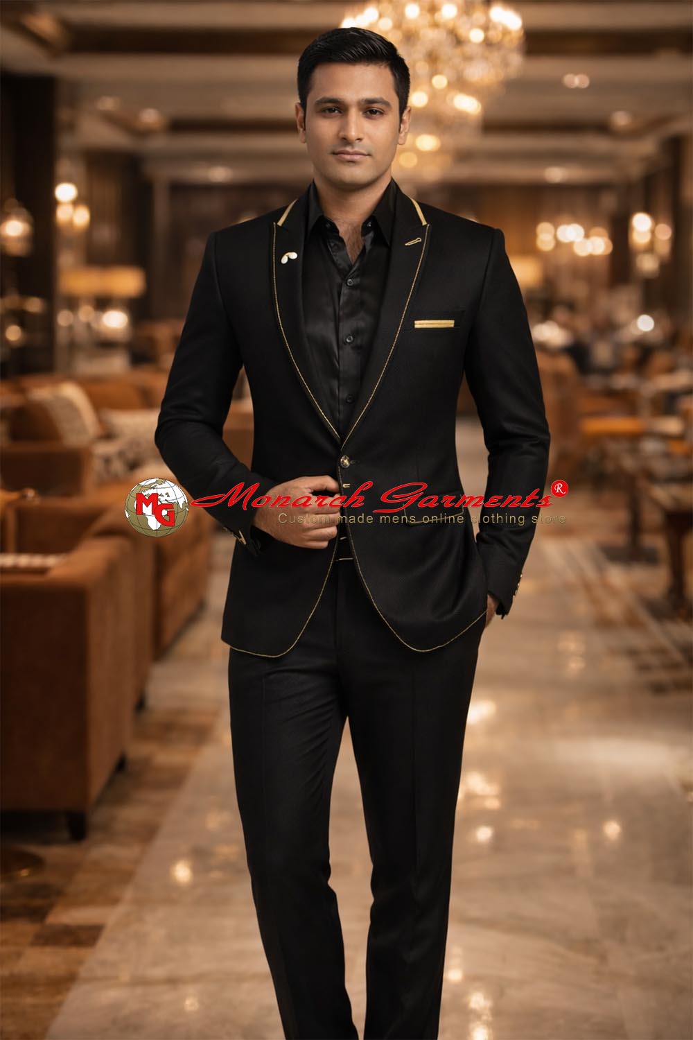 Men wearing black blazer with gold piping for wedding reception and party wear India