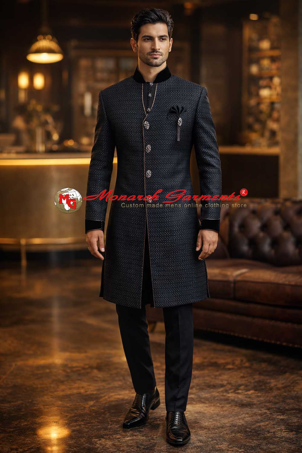 Black brocade Indo Western sherwani for men with velvet collar and breeches pant for wedding wear India