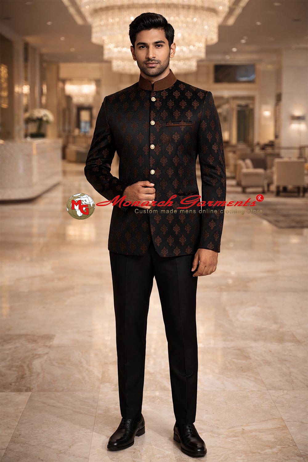 Black Jodhpuri suit for men with brown floral pattern and velvet collar by Monarch Garments India