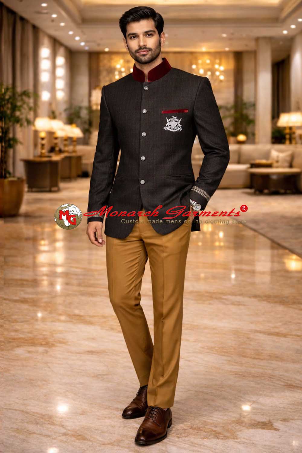 Black check Jodhpuri suit for men polyester viscose wedding outfit Monarch Garments