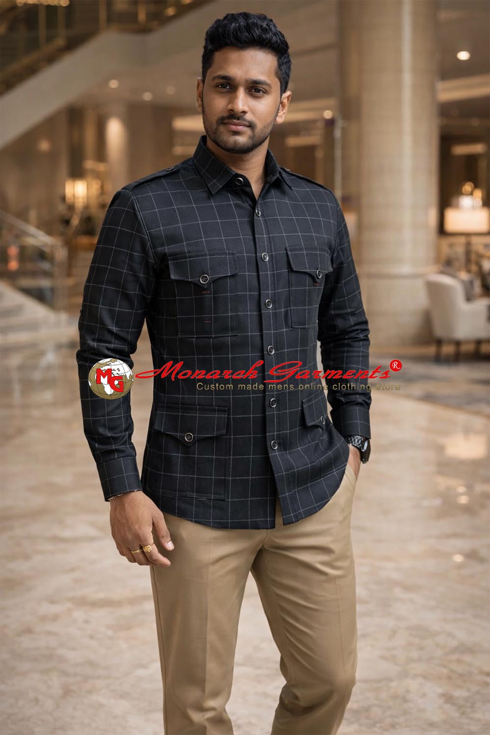 Black checks cotton safari shirt for men slim fit multi pocket utility style India